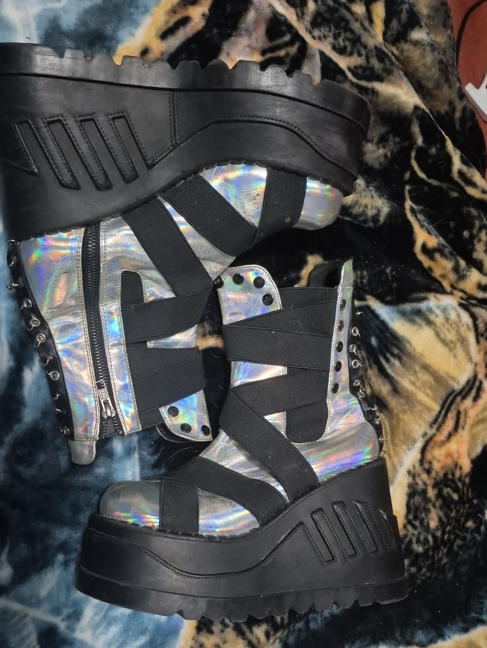 Demonia Holographic Silver Platform Combat Boots with Black Straps